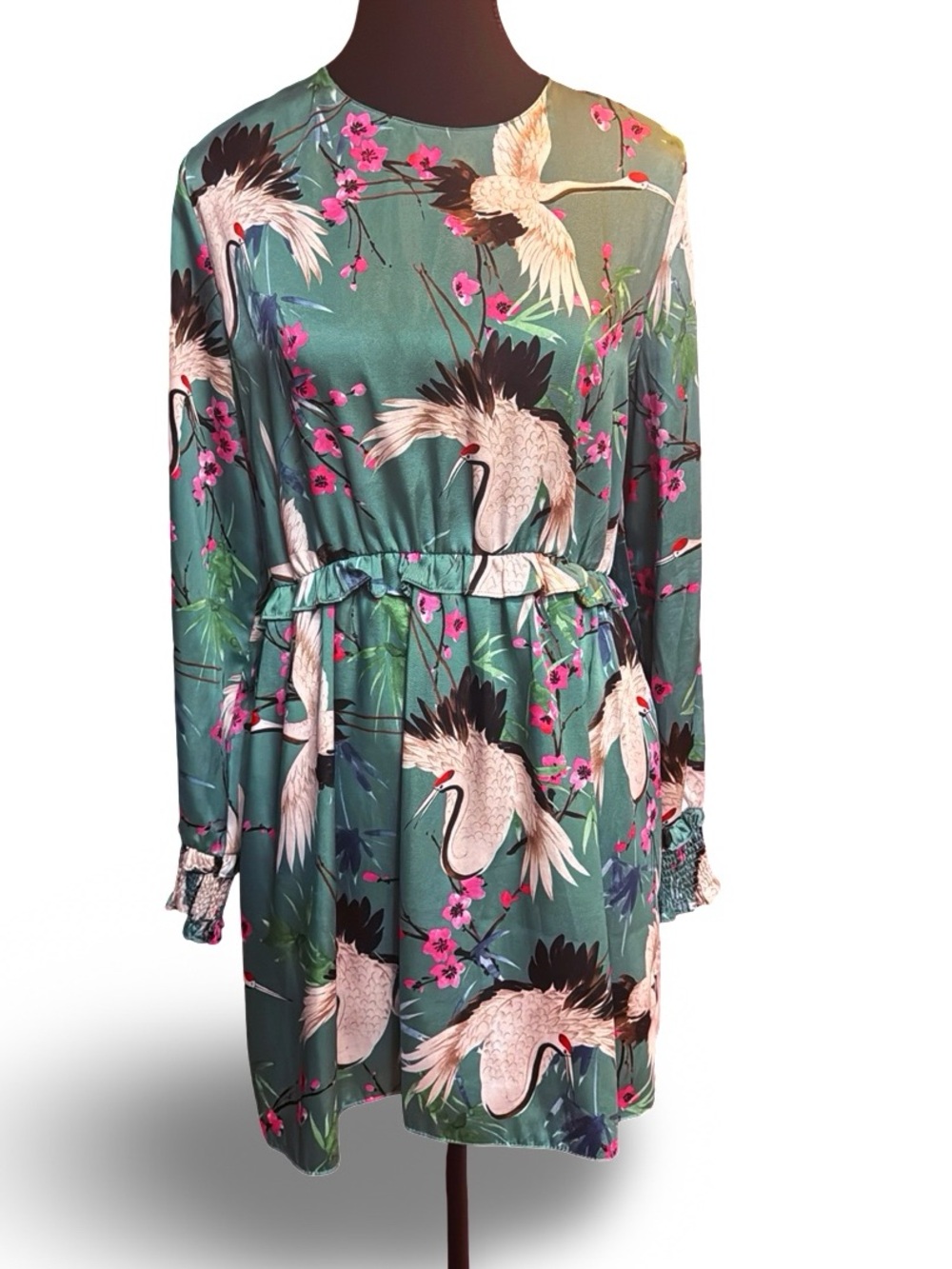 Dress – Size Large Zara Basic Heron & Cherry Blossom Satin-Like Dress